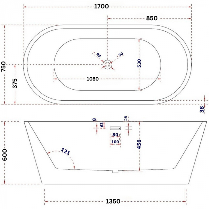 Cada baie freestanding 170 x 75 cm, ovala cu preaplin Ovale Foglia [8]