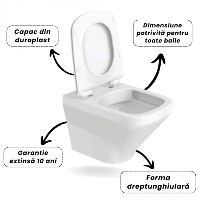 Set vas wc rimless suspendat, dreptunghiular, capac slim softclose, Foglia Bristol [4]