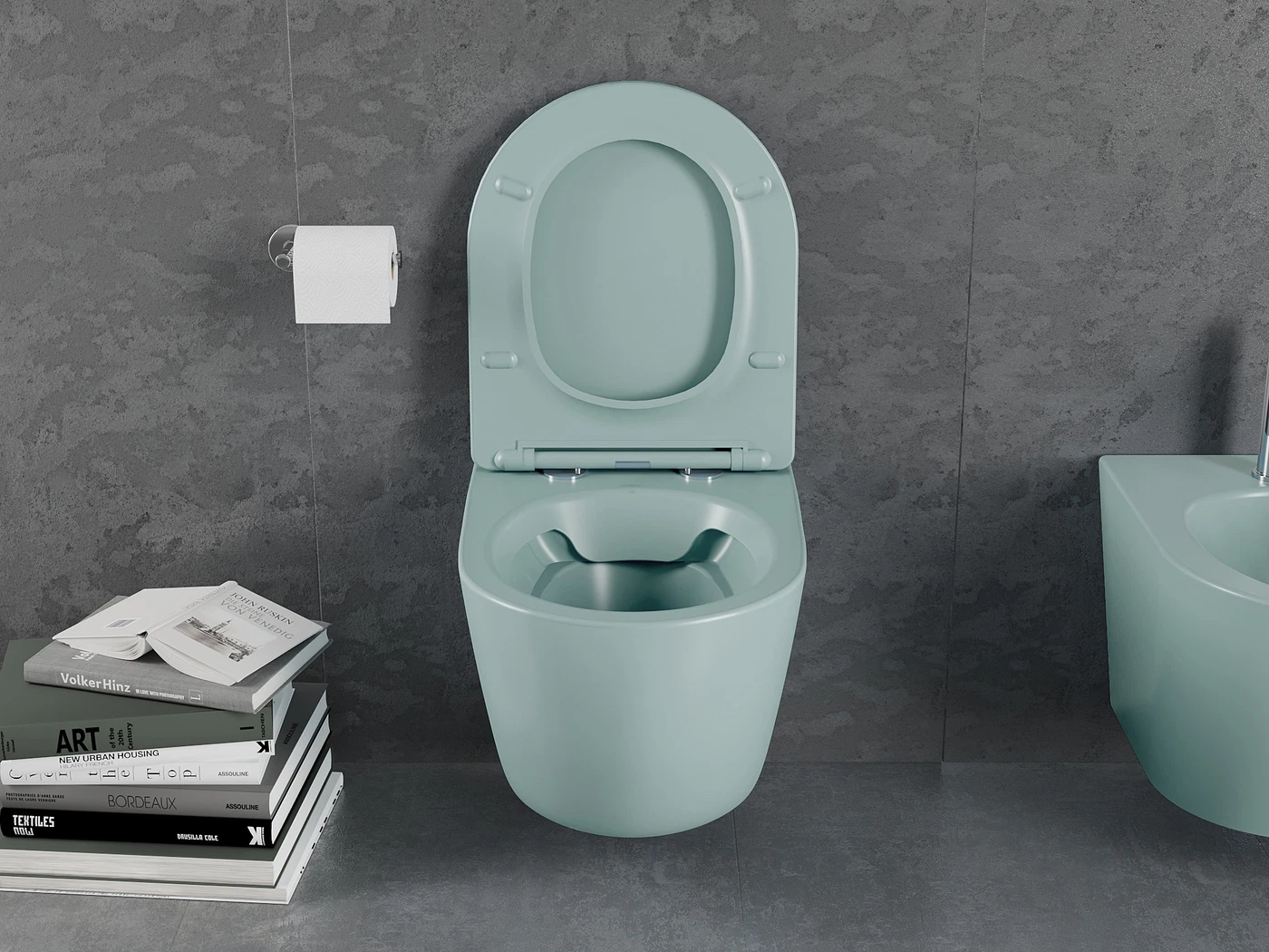 Set vas wc rimless suspendat, Rotund, Foglia Oslo si capac softclose verde turcoaz mat [5]