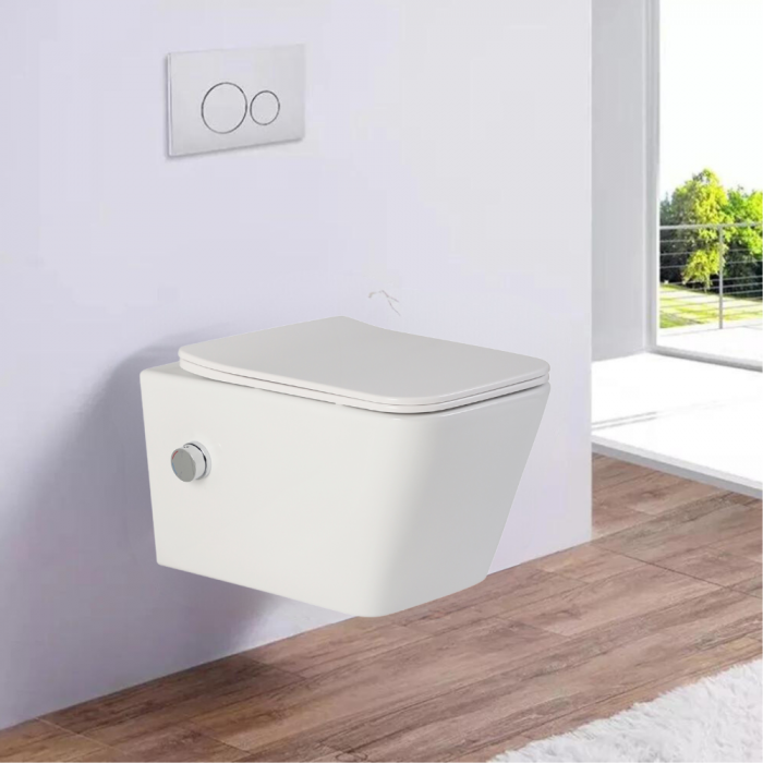 Vas wc suspendat cu functie bideu, dreptunghiular, apă calda/rece, rimless, capac soft close, baterie crom Foglia Safari [6]