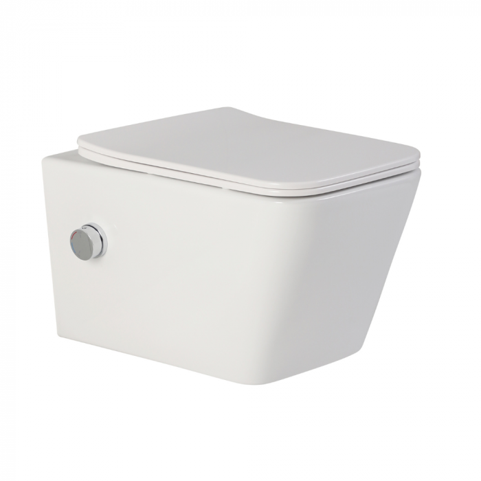 Vas wc suspendat cu functie bideu, dreptunghiular, apă calda/rece, rimless, capac soft close, baterie crom Foglia Safari [4]