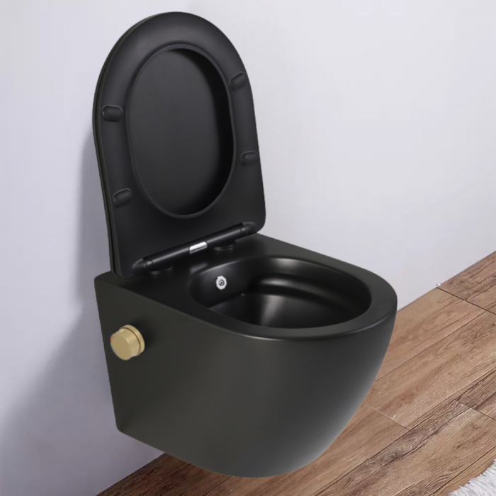 Vas wc suspendat cu functie bideu, negru mat, apă calda/rece, rimless, baterie inclusa auriu mat Foglia Oslo [8]