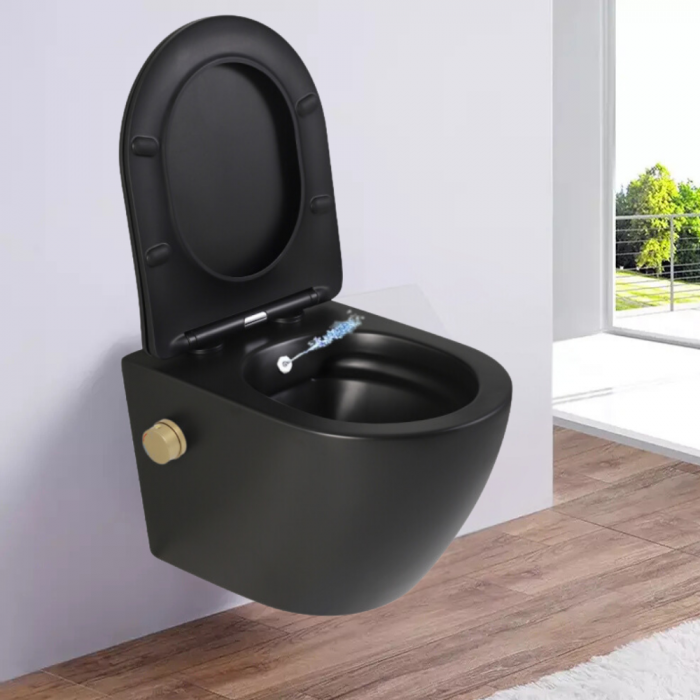 Vas wc suspendat cu functie bideu, negru mat, apă calda/rece, rimless, baterie inclusa auriu mat Foglia Oslo [7]