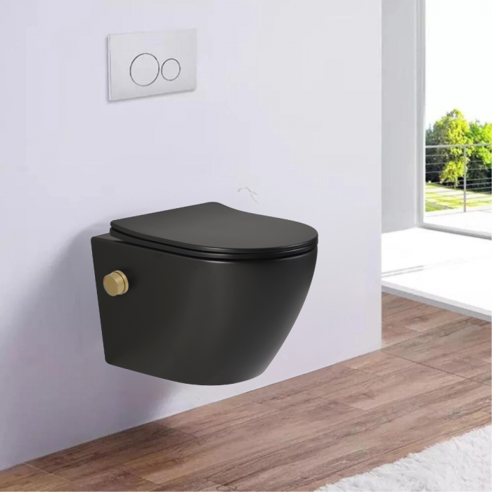 Vas wc suspendat cu functie bideu, negru mat, apă calda/rece, rimless, baterie inclusa auriu mat Foglia Oslo [6]
