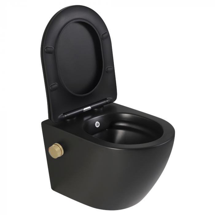 Vas wc suspendat cu functie bideu, negru mat, apă calda/rece, rimless, baterie inclusa auriu mat Foglia Oslo [2]