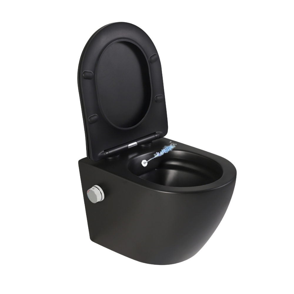 Vas wc suspendat cu functie bideu, negru mat, apă calda/rece, spalare rimless, baterie inclusa crom Foglia Oslo [1]