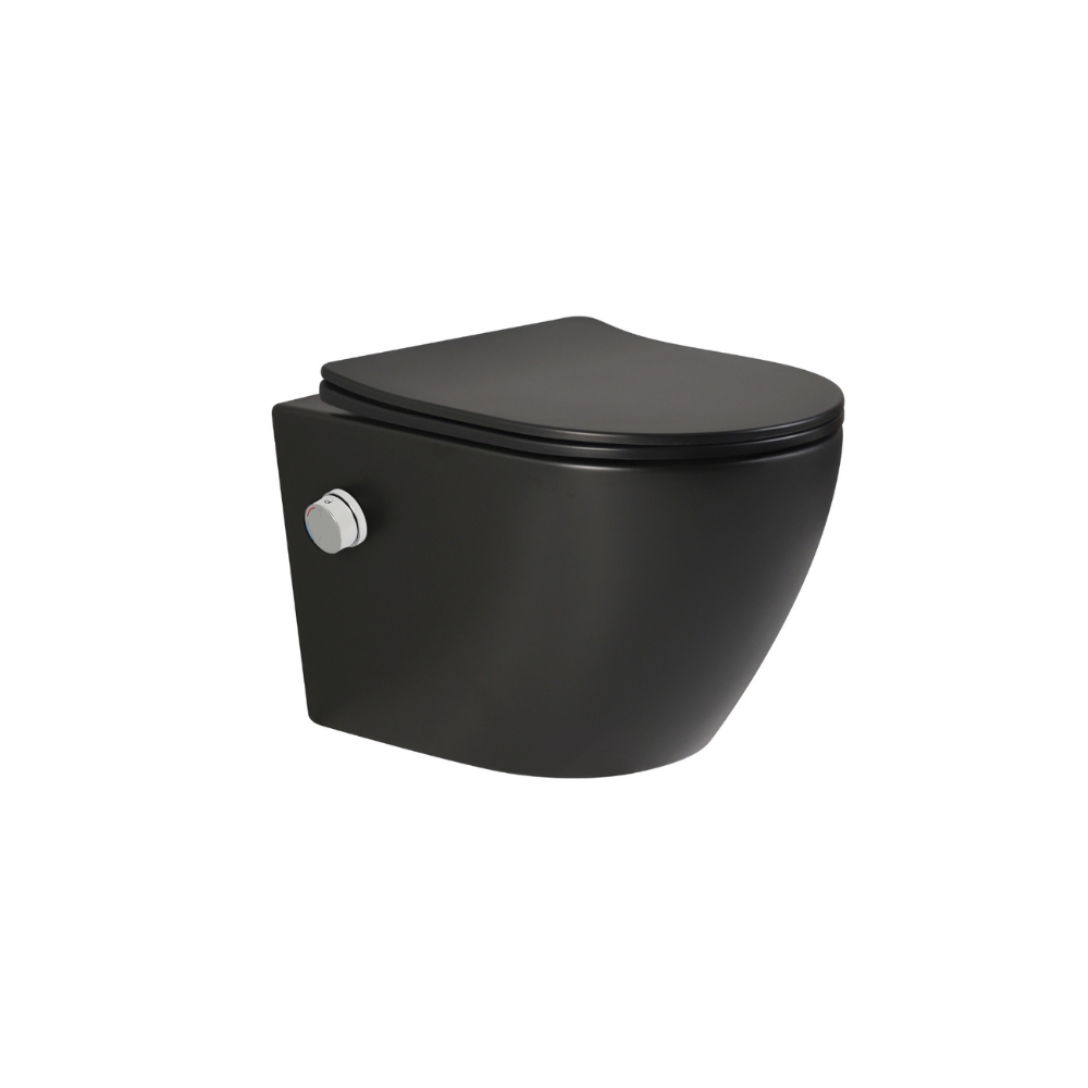 Vas wc suspendat cu functie bideu, negru mat, apă calda/rece, spalare rimless, baterie inclusa crom Foglia Oslo [3]