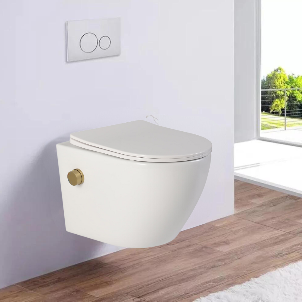 Vas wc suspendat cu functie bideu, semirotund, rimless, apă calda/rece, capac soft close, baterie auriu mat Foglia Oslo [6]
