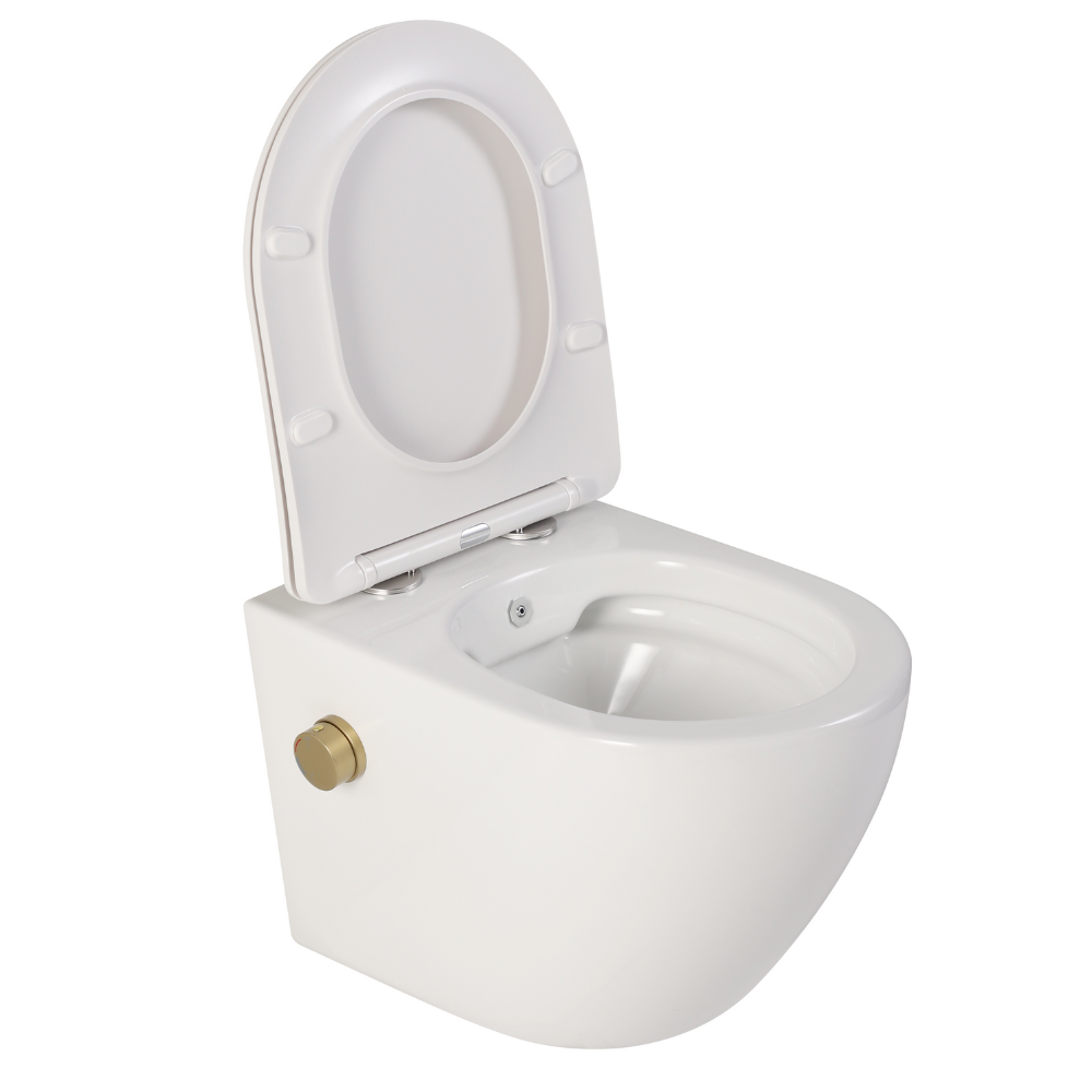 Vas wc suspendat cu functie bideu, semirotund, rimless, apă calda/rece, capac soft close, baterie auriu mat Foglia Oslo [2]