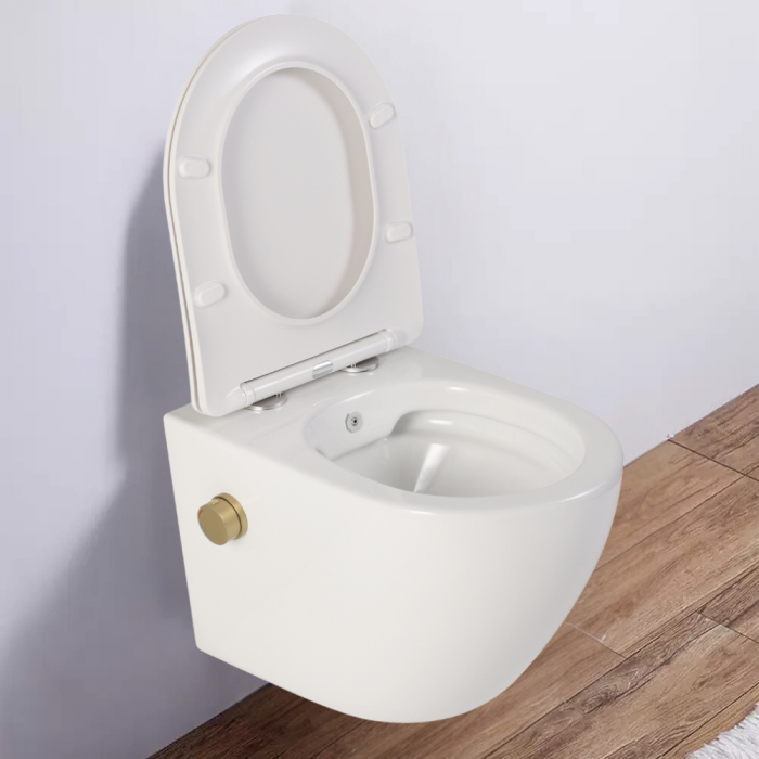 Vas wc suspendat cu functie bideu, semirotund, rimless, apă calda/rece, capac soft close, baterie auriu mat Foglia Oslo [8]