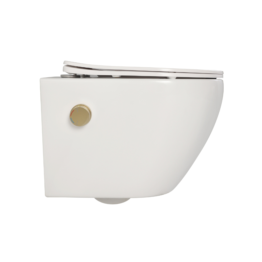 Vas wc suspendat cu functie bideu, semirotund, rimless, apă calda/rece, capac soft close, baterie auriu mat Foglia Oslo [5]