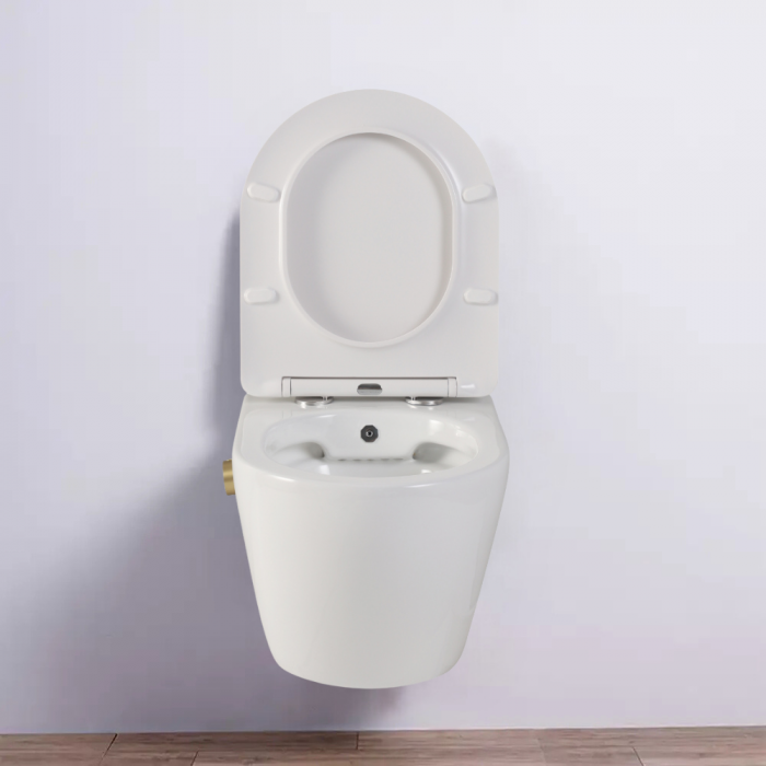 Vas wc suspendat cu functie bideu, semirotund, rimless, apă calda/rece, capac soft close, baterie auriu mat Foglia Oslo [9]