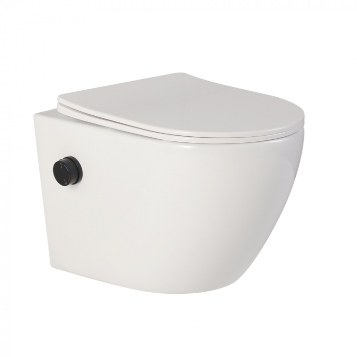 Vas wc suspendat cu functie bideu, semirotund, rimless, apă calda/rece, capac soft close, baterie negru mat Foglia Oslo [4]