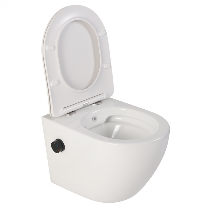 Vas wc suspendat cu functie bideu, semirotund, rimless, apă calda/rece, capac soft close, baterie negru mat Foglia Oslo [2]