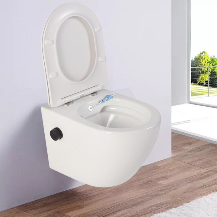 Vas wc suspendat cu functie bideu, semirotund, rimless, apă calda/rece, capac soft close, baterie negru mat Foglia Oslo [7]