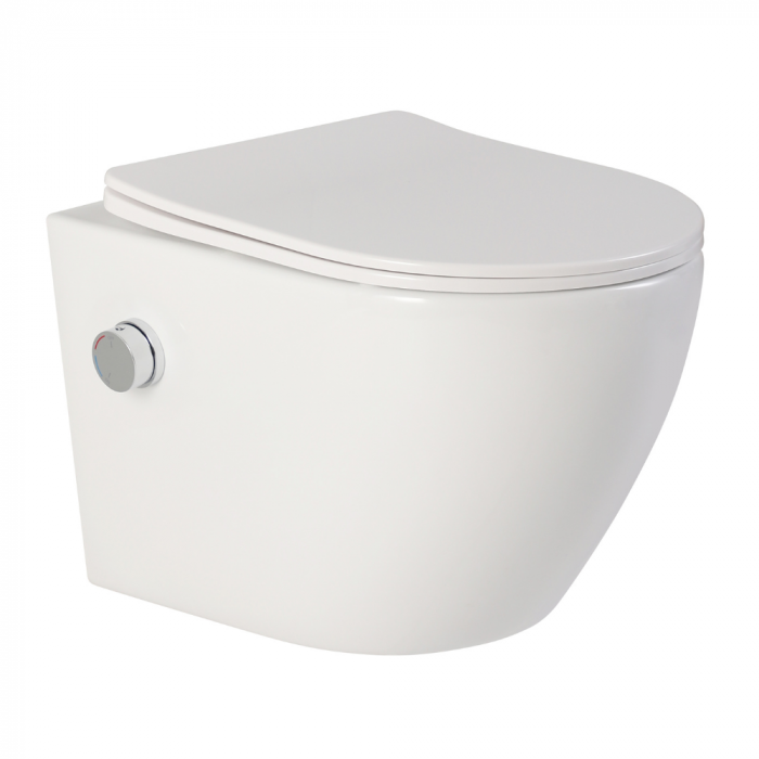 Vas wc suspendat cu functie bideu, semirotund, rimless si baterie crom Foglia Oslo [4]