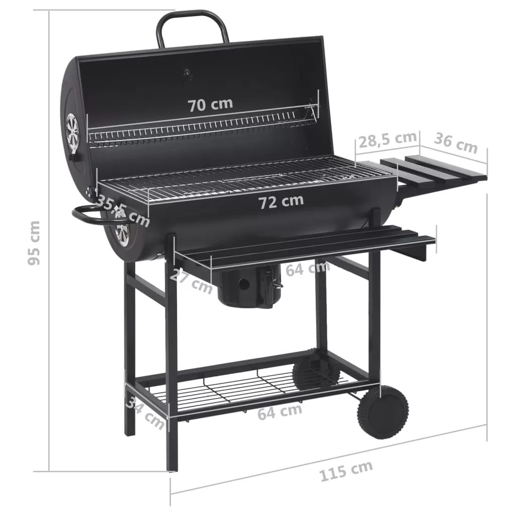Gratar tip butoi cu roti si rafturi, negru [9]