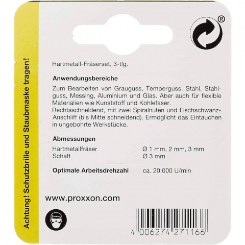 Set 3 freze tungsten, 2 caneluri, Proxxon 27116, 1.0-2.0-3.0mm, ax 3.0mm [2]