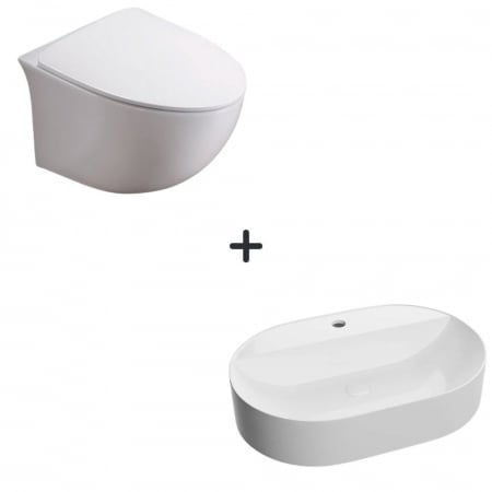 VASE WC - Set vas wc rimless cu capac soft close Alice plus lavoar baie alb cu orificiu baterie