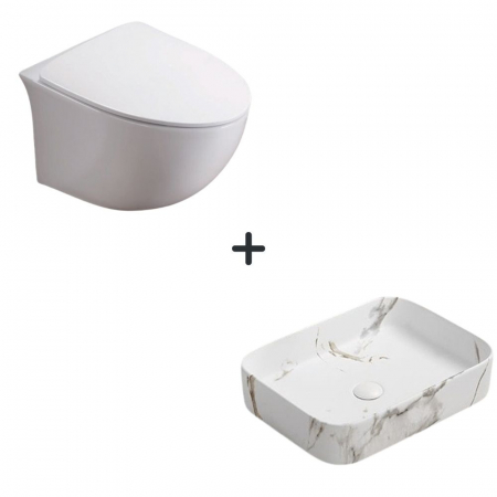 VASE WC - Set vas wc rimless cu capac soft close Alice plus lavoar baie dreptunghiular cu efect marmura