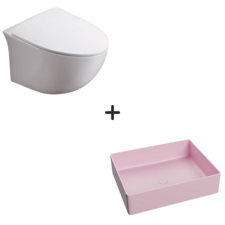 VASE WC - Set vas wc rimless cu capac soft close Alice plus lavoar baie dreptunghiular roz mat