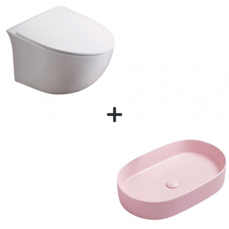 VASE WC - Set vas wc rimless cu capac soft close Alice plus lavoar baie oval roz mat