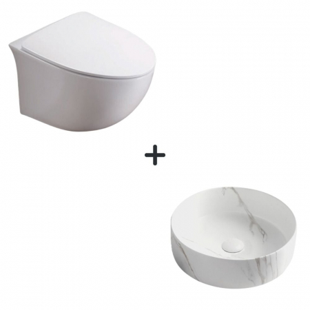 VASE WC - Set vas wc rimless cu capac soft close Alice plus lavoar baie rotund cu efect marmura