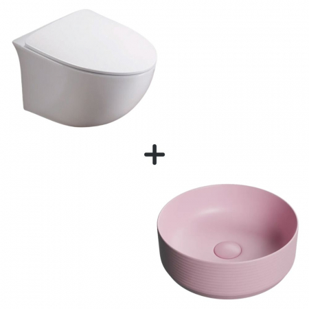VASE WC - Set vas wc rimless cu capac soft close Alice plus lavoar baie rotund roz mat