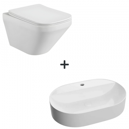 VASE WC - Set vas wc rimless cu capac soft close Bristol plus lavoar baie alb cu orificiu baterie