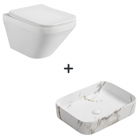 VASE WC - Set vas wc rimless cu capac soft close Bristol plus lavoar baie dreptunghiular cu efect marmura