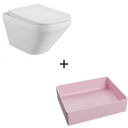 VASE WC - Set vas wc rimless cu capac soft close Bristol plus lavoar baie dreptunghiular roz mat