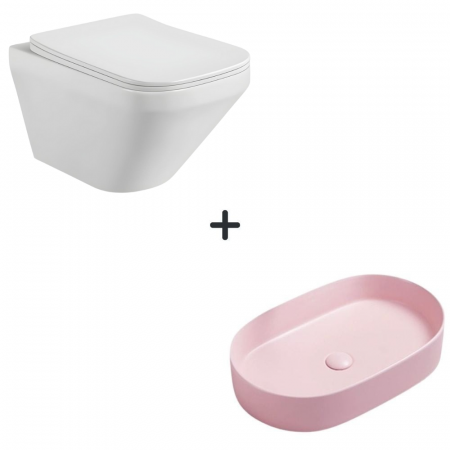 VASE WC - Set vas wc rimless cu capac soft close Bristol plus lavoar baie oval roz mat