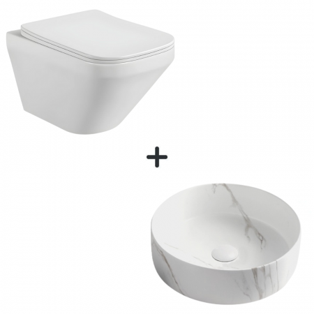 VASE WC - Set vas wc rimless cu capac soft close Bristol plus lavoar baie rotund cu efect marmura