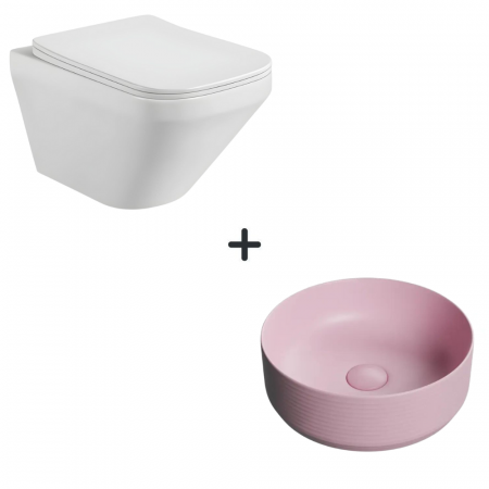 VASE WC - Set vas wc rimless cu capac soft close Bristol plus lavoar baie rotund roz mat