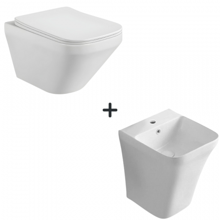 VASE WC - Set vas wc rimless cu capac soft close Bristol plus lavoar baie suspendat alb lucios