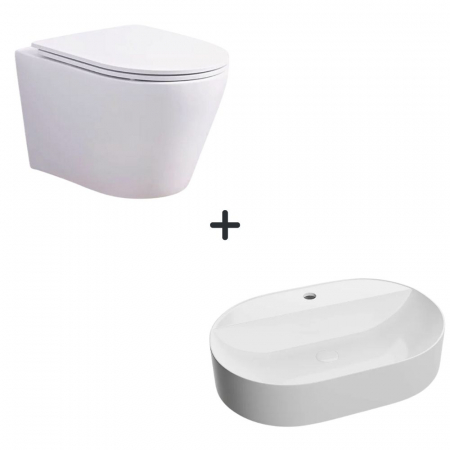 VASE WC - Set vas wc rimless cu capac soft close Oslo plus lavoar baie alb cu orificiu baterie