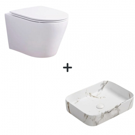 VASE WC - Set vas wc rimless cu capac soft close Oslo plus lavoar baie dreptunghiular cu efect marmura