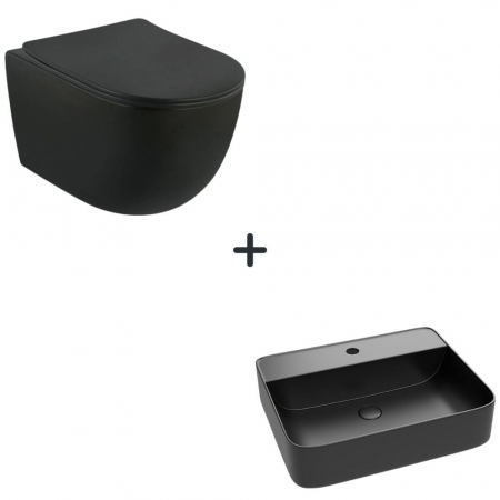 VASE WC - Set vas wc rimless cu capac soft close Oslo plus lavoar baie dreptunghiular cu orificiu baterie negru mat