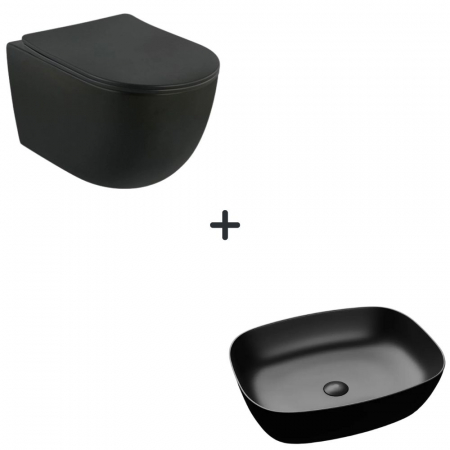 VASE WC - Set vas wc rimless cu capac soft close Oslo plus lavoar baie dreptunghiular margini rotunde negru mat