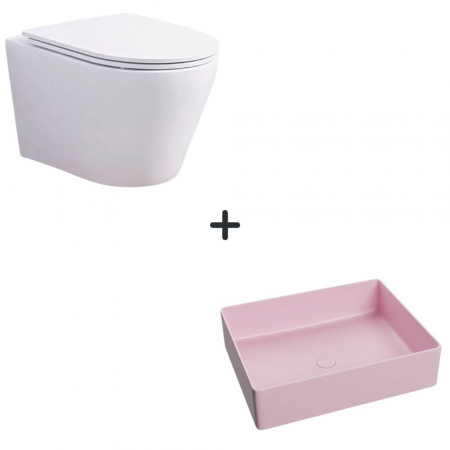 VASE WC - Set vas wc rimless cu capac soft close Oslo plus lavoar baie dreptunghiular roz mat