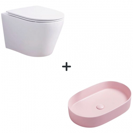 VASE WC - Set vas wc rimless cu capac soft close Oslo plus lavoar baie oval roz mat
