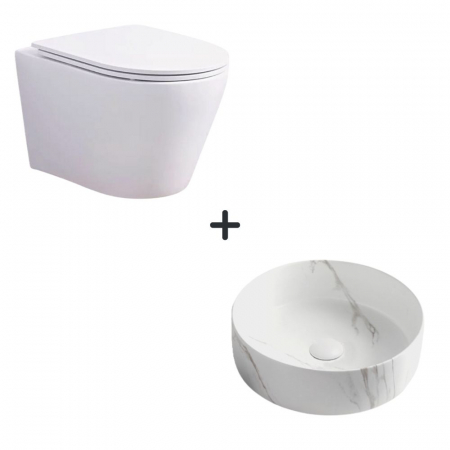 VASE WC - Set vas wc rimless cu capac soft close Oslo plus lavoar baie rotund cu efect marmura