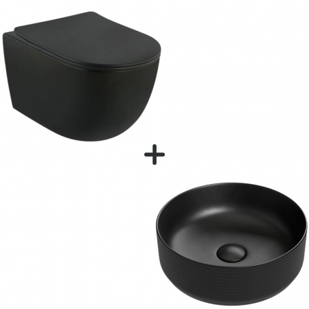 VASE WC - Set vas wc rimless cu capac soft close Oslo plus lavoar baie rotund negru mat