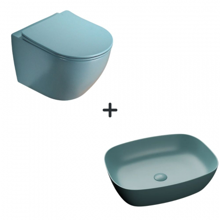 VASE WC - Set vas wc rimless cu capac soft close plus lavoar baie cu margini rotunjite verde turcoaz mat