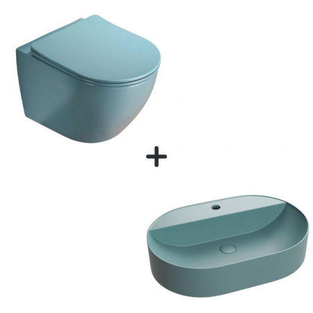 VASE WC - Set vas wc rimless cu capac soft close plus lavoar baie cu orificiu baterie verde turcoaz mat
