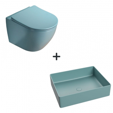 VASE WC - Set vas wc rimless cu capac soft close plus lavoar baie dreptunghiular verde turcoaz mat