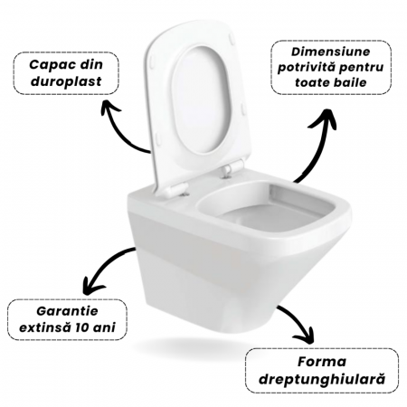 Set vas wc rimless suspendat, dreptunghiular, capac slim softclose, Foglia Bristol [3]