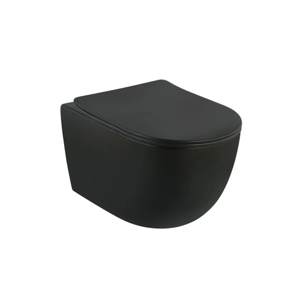 VASE WC - Set vas wc rimless suspendat, negru mat Rotund, cu capac soft close Foglia Oslo