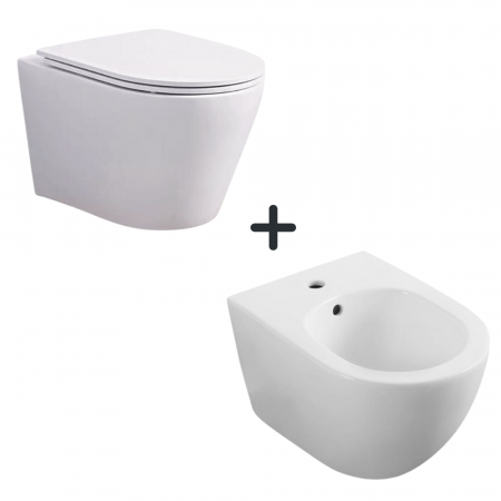 VASE WC - Set vas wc suspendat rimless cu capac inclus si bideu semirotund, alb, Foglia Oslo