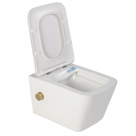 VASE WC - Vas wc suspendat cu functie bideu, dreptunghiular, apă calda/rece, rimless, baterie auriu mat Foglia Safari